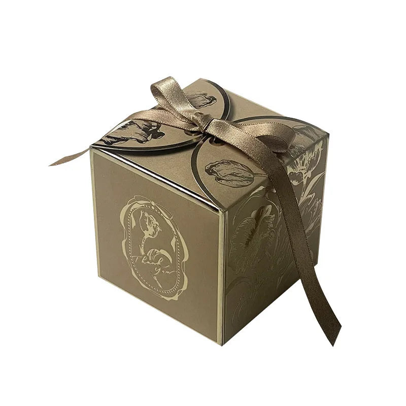 Luxury French Style Wedding Candy Boxes – Golden Paper Gift Favor Box with Ribbon (10–100pcs Lot)