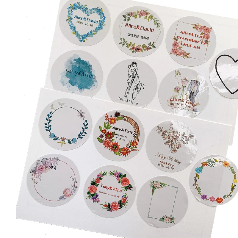 Custom Floral Frame Design Stickers – Personalized Round Labels for Weddings, Gifts & Packaging (100pcs)