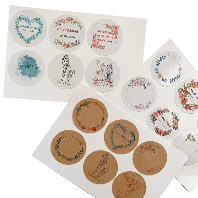 Custom Floral Frame Design Stickers – Personalized Round Labels for Weddings, Gifts & Packaging (100pcs)