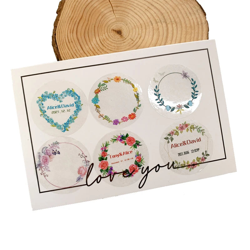 Custom Floral Frame Design Stickers – Personalized Round Labels for Weddings, Gifts & Packaging (100pcs)