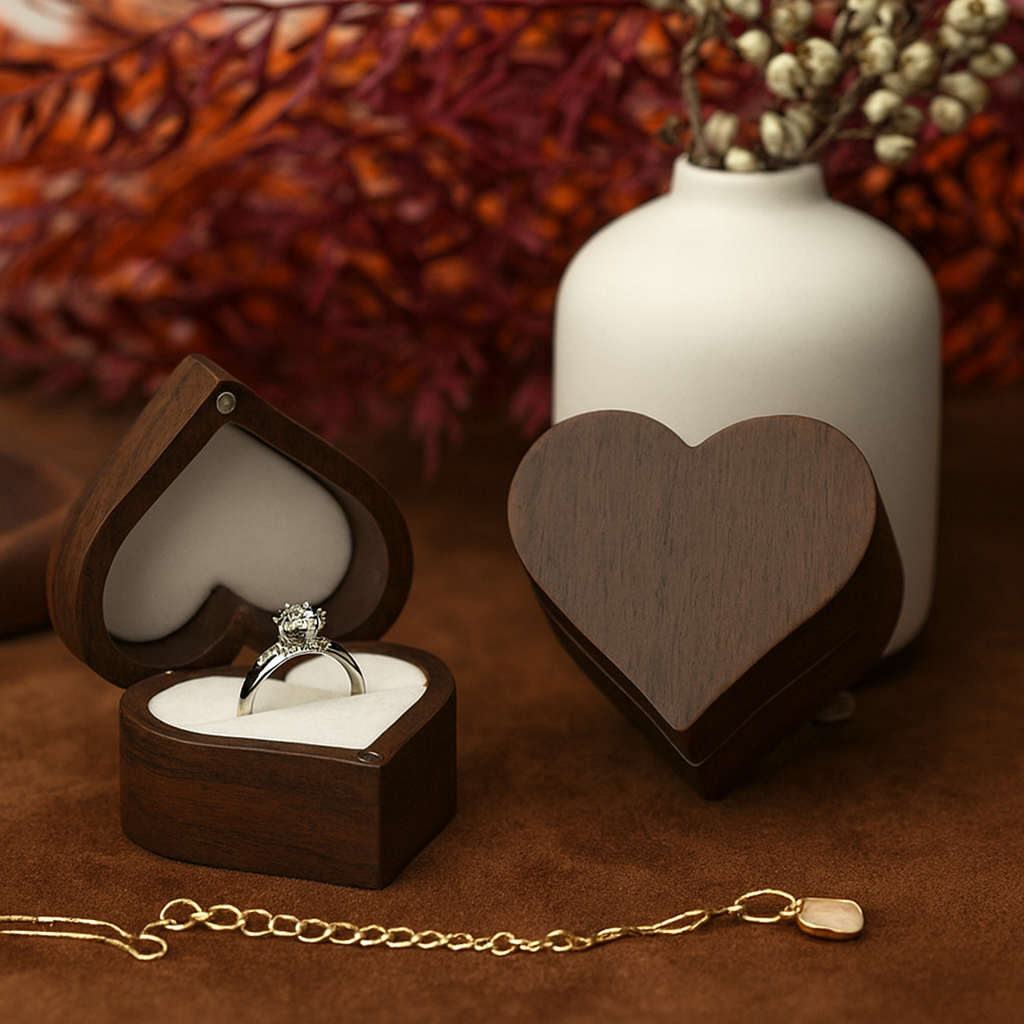 Engraved Heart-Shaped Wooden Ring Box – Personalized Wedding & Proposal