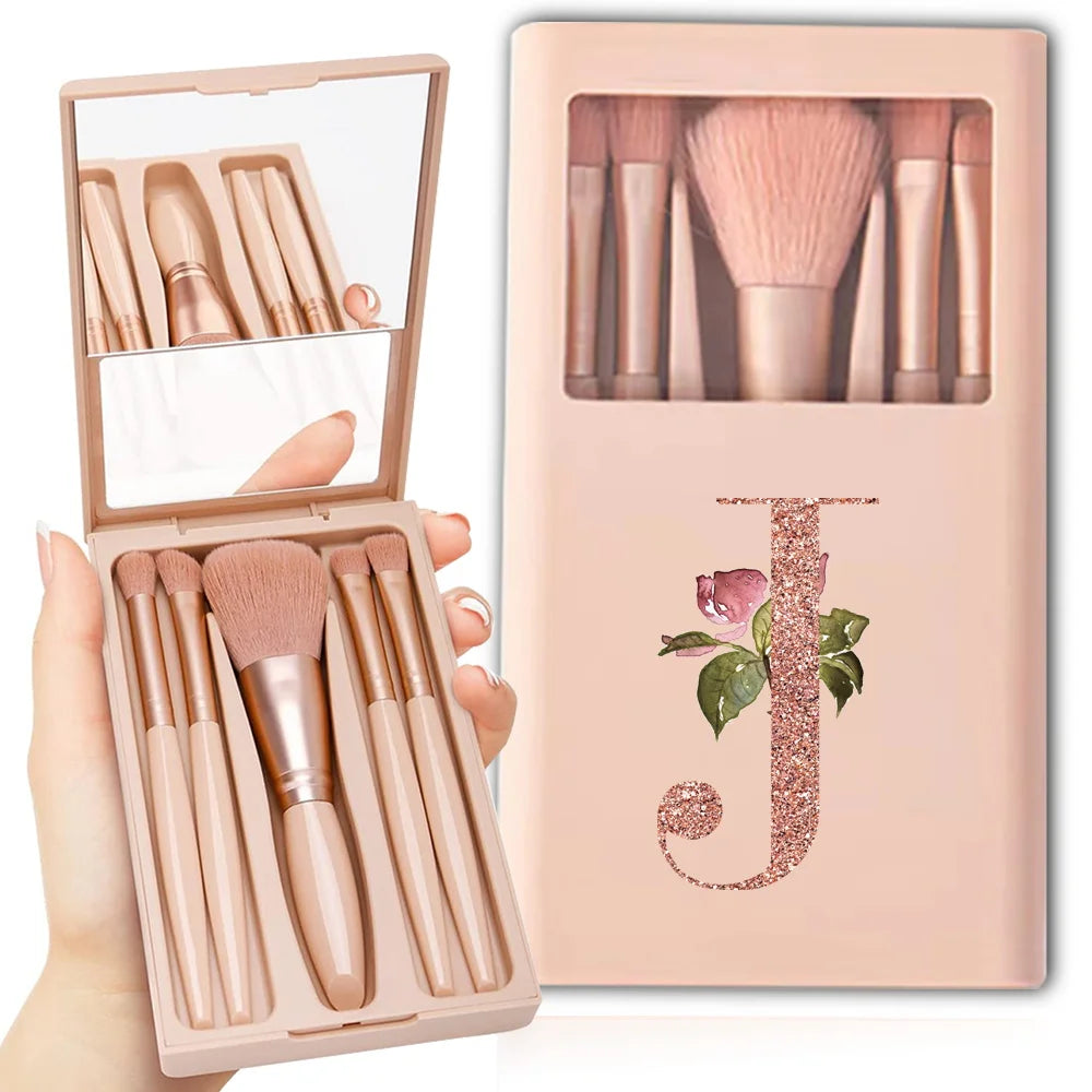 5-Piece Makeup Brush Set – Portable Cosmetic Kit with Mirror & Foldable Storage Case