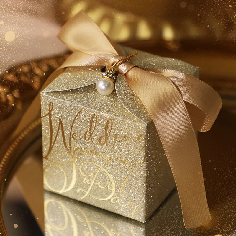Luxury Glitter Wedding Candy Boxes with Pearl Ribbon Bow – High-End Gift & Chocolate Favor Box (20, 50pcs)
