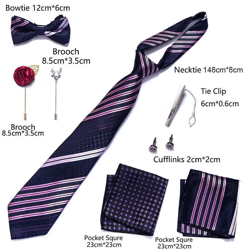 8-in-1 Luxury Silk Tie Gift Set – Necktie, Bow Tie, Pocket Squares, Cufflinks, Tie Clip & Brooches in Elegant Box