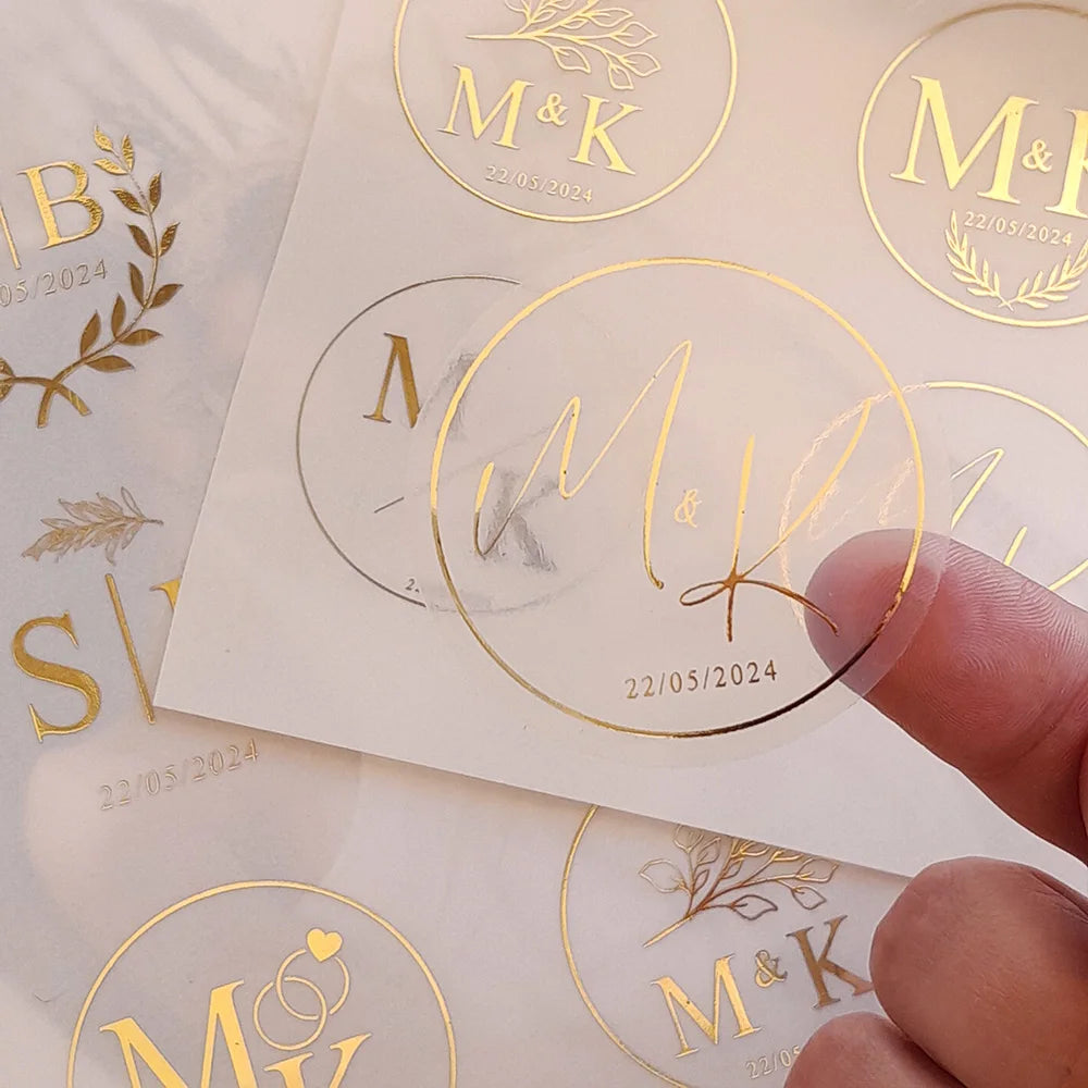 Personalized Gold-Foil Clear Stickers (50pcs) – Custom Monogram Envelope Seals, 3–8 cm Round