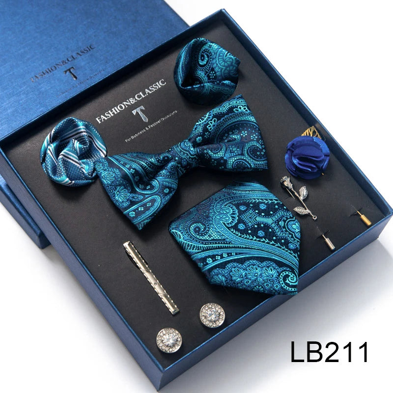 8-in-1 Luxury Silk Tie Gift Set – Necktie, Bow Tie, Pocket Squares, Cufflinks, Tie Clip & Brooches in Elegant Box