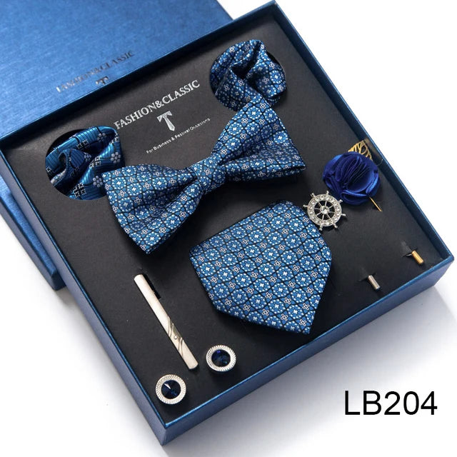 8-in-1 Luxury Silk Tie Gift Set – Necktie, Bow Tie, Pocket Squares, Cufflinks, Tie Clip & Brooches in Elegant Box