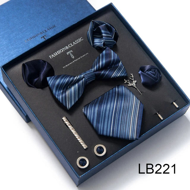 8-in-1 Luxury Silk Tie Gift Set – Necktie, Bow Tie, Pocket Squares, Cufflinks, Tie Clip & Brooches in Elegant Box
