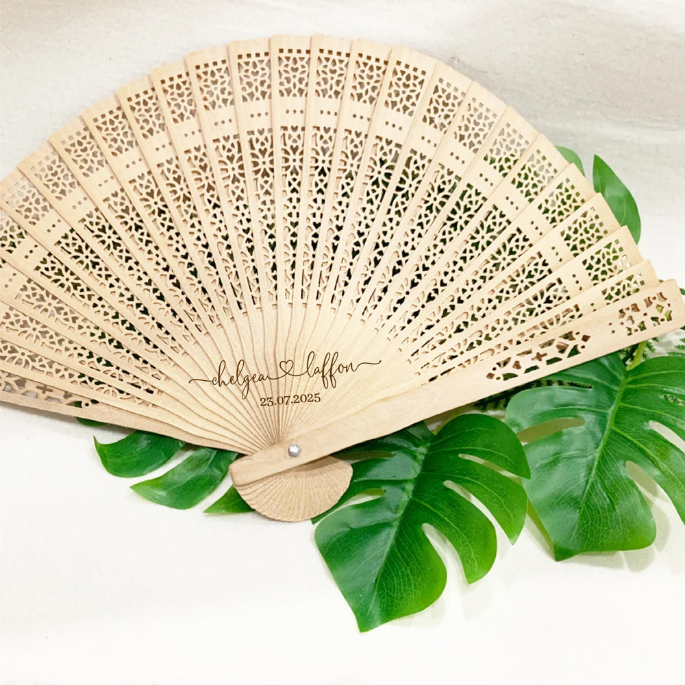 Personalized Wooden Folding Hand Fans – Custom Wedding Guest Gifts with Fan Bag (10/50pcs)