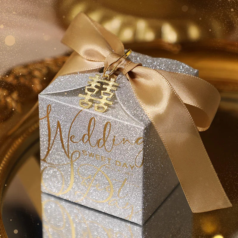 Luxury Glitter Wedding Candy Boxes with Pearl Ribbon Bow – High-End Gift & Chocolate Favor Box (20, 50pcs)