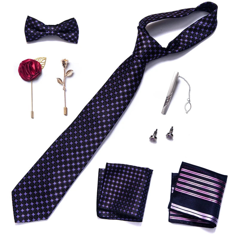 8-in-1 Luxury Silk Tie Gift Set – Necktie, Bow Tie, Pocket Squares, Cufflinks, Tie Clip & Brooches in Elegant Box