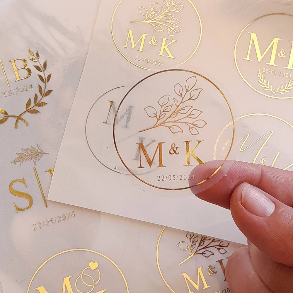 Personalized Gold-Foil Clear Stickers (50pcs) – Custom Monogram Envelope Seals, 3–8 cm Round