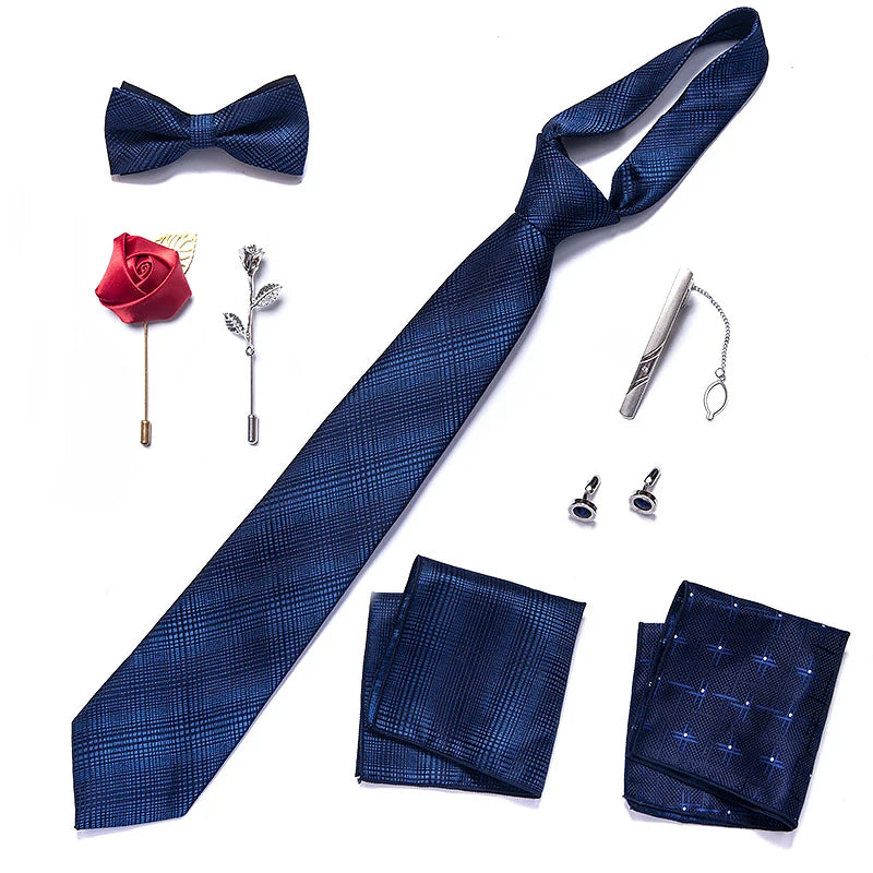 8-in-1 Luxury Silk Tie Gift Set – Necktie, Bow Tie, Pocket Squares, Cufflinks, Tie Clip & Brooches in Elegant Box