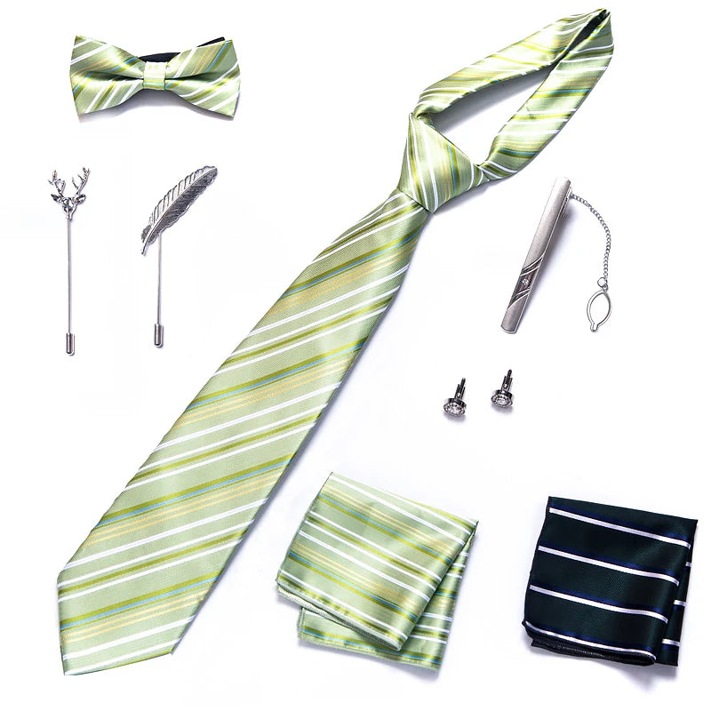 8-in-1 Luxury Silk Tie Gift Set – Necktie, Bow Tie, Pocket Squares, Cufflinks, Tie Clip & Brooches in Elegant Box