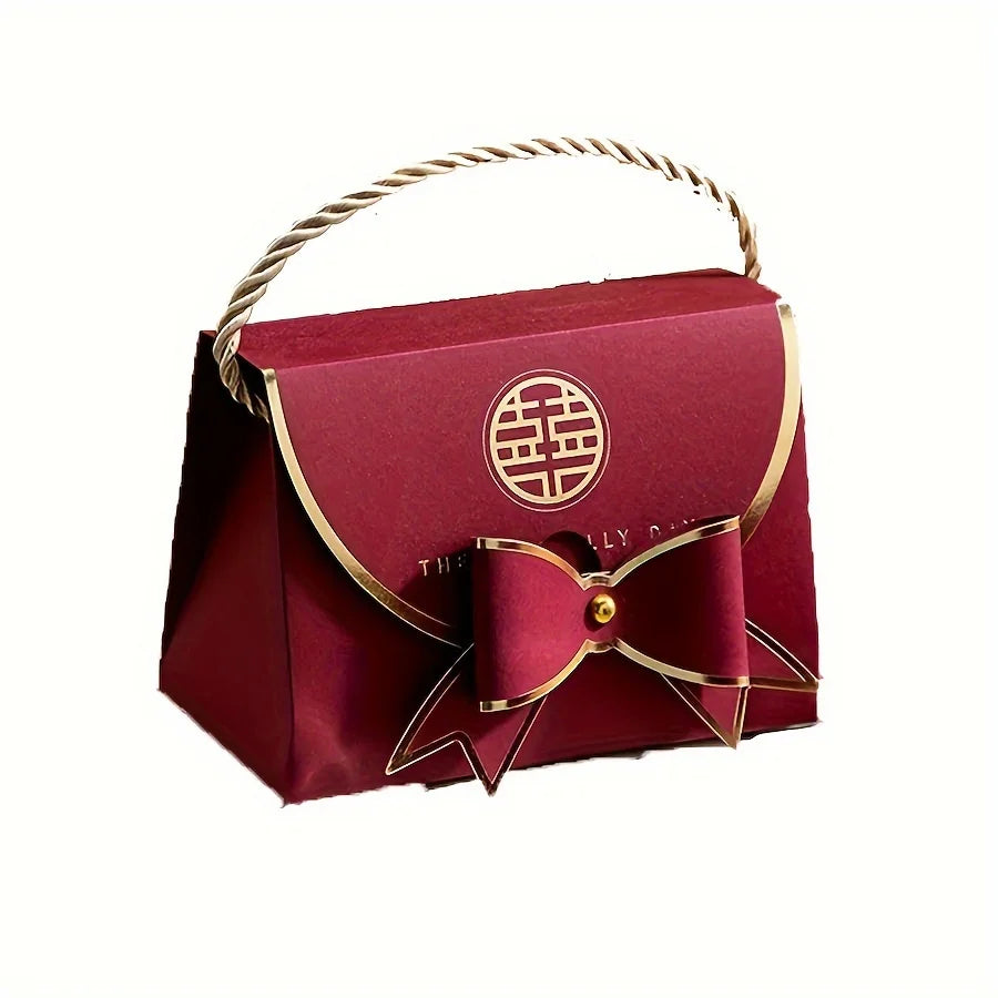 12Pcs Wine Red Handbag Candy Boxes – Elegant Wedding Favor Gift Packaging with Bow & Chinese “Double Happiness” Design