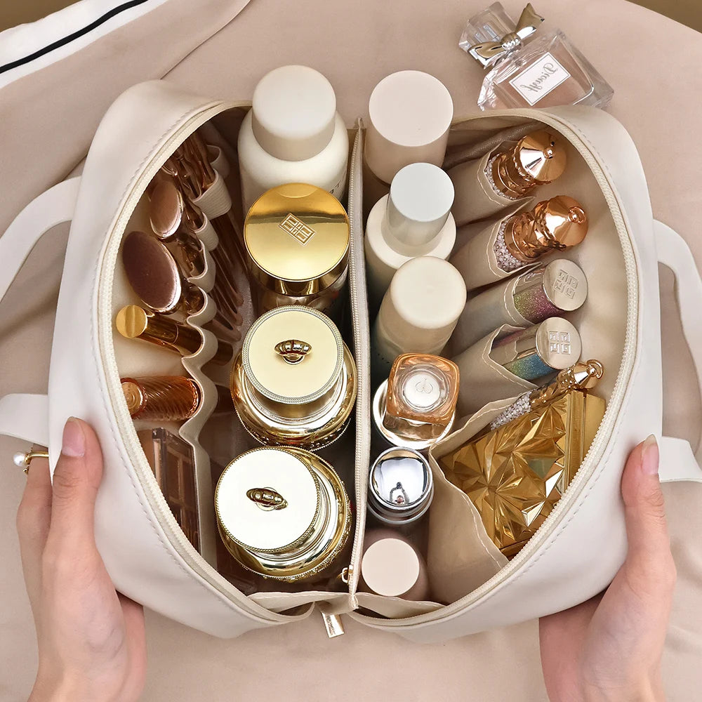 PU Leather Large Capacity Cosmetic Bag – Travel Makeup Organizer with Handle & Compartments