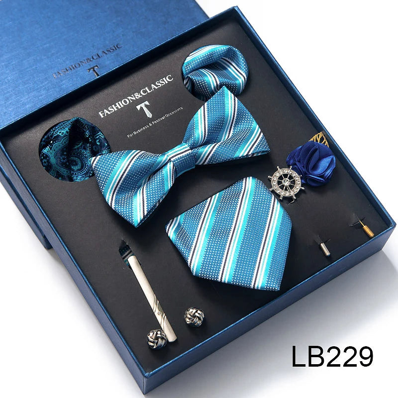 8-in-1 Luxury Silk Tie Gift Set – Necktie, Bow Tie, Pocket Squares, Cufflinks, Tie Clip & Brooches in Elegant Box