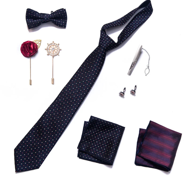 8-in-1 Luxury Silk Tie Gift Set – Necktie, Bow Tie, Pocket Squares, Cufflinks, Tie Clip & Brooches in Elegant Box