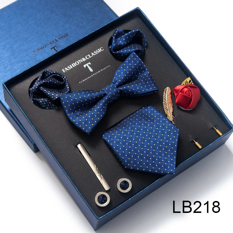 8-in-1 Luxury Silk Tie Gift Set – Necktie, Bow Tie, Pocket Squares, Cufflinks, Tie Clip & Brooches in Elegant Box