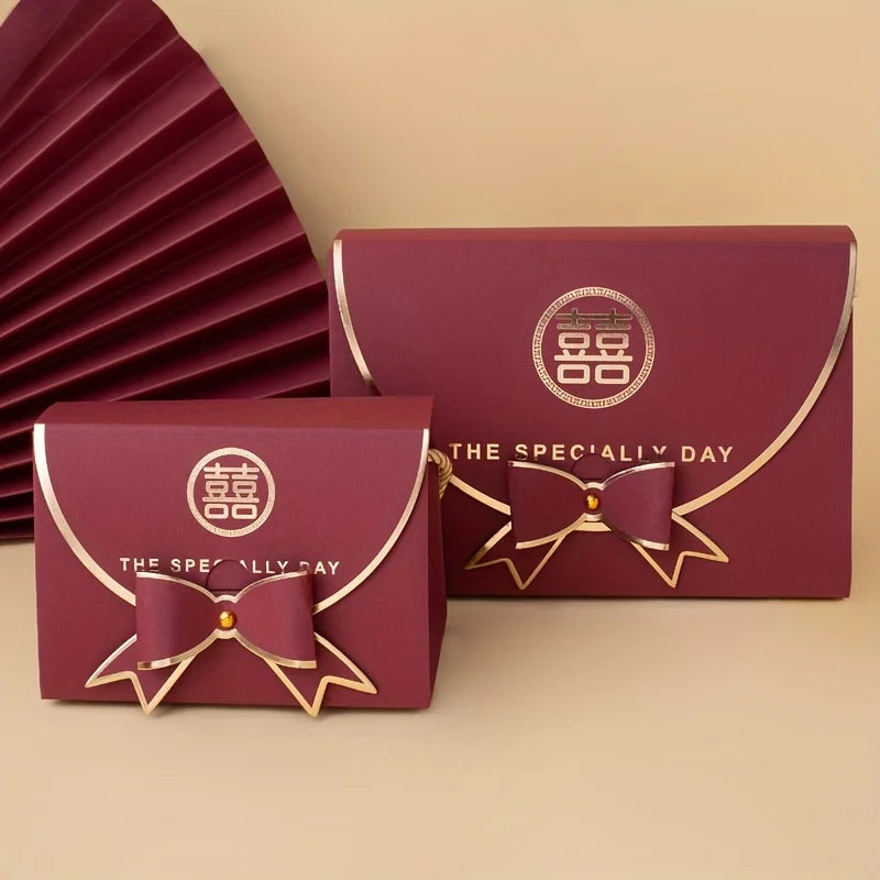 12Pcs Wine Red Handbag Candy Boxes – Elegant Wedding Favor Gift Packaging with Bow & Chinese “Double Happiness” Design