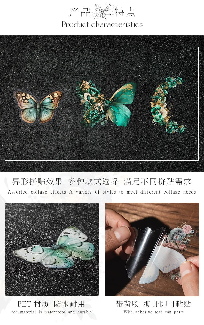 Butterfly & Moon Floral PET Stickers – Dreamy Scrapbooking & Journal Decoration Set (30 pcs)