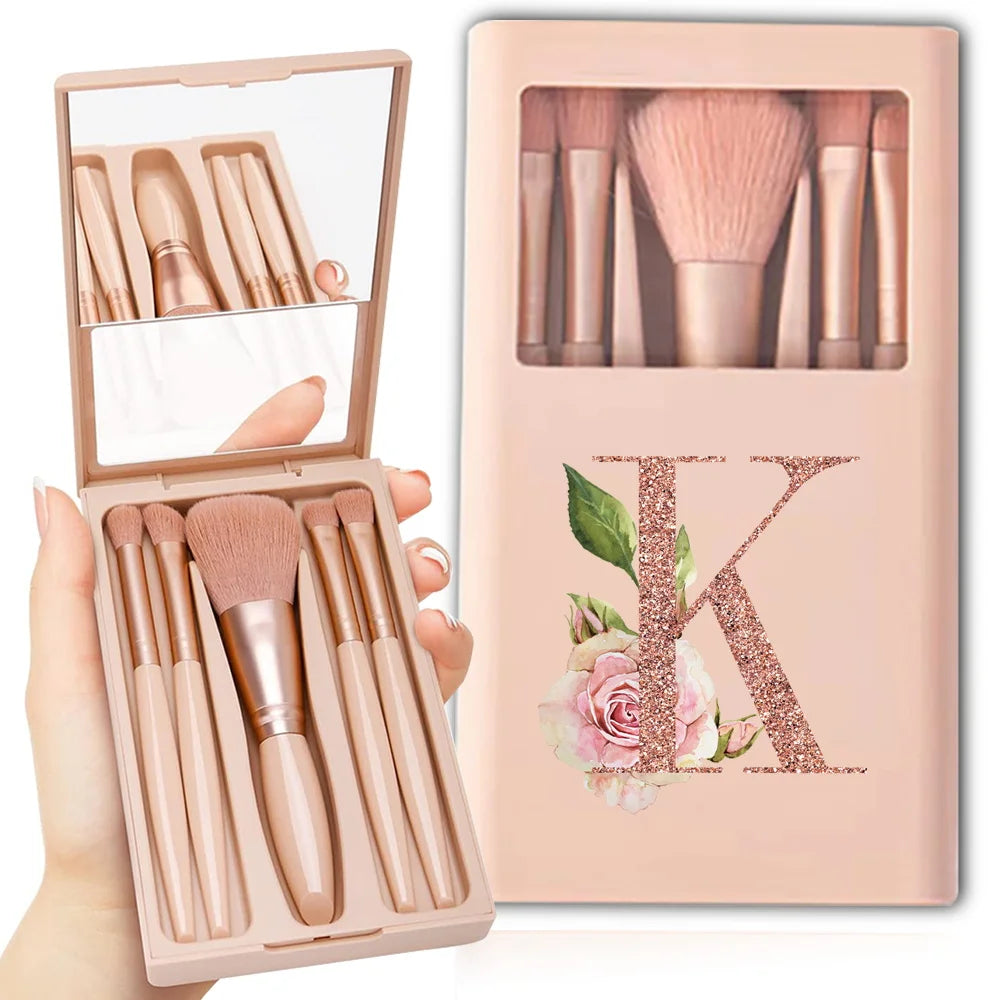 5-Piece Makeup Brush Set – Portable Cosmetic Kit with Mirror & Foldable Storage Case
