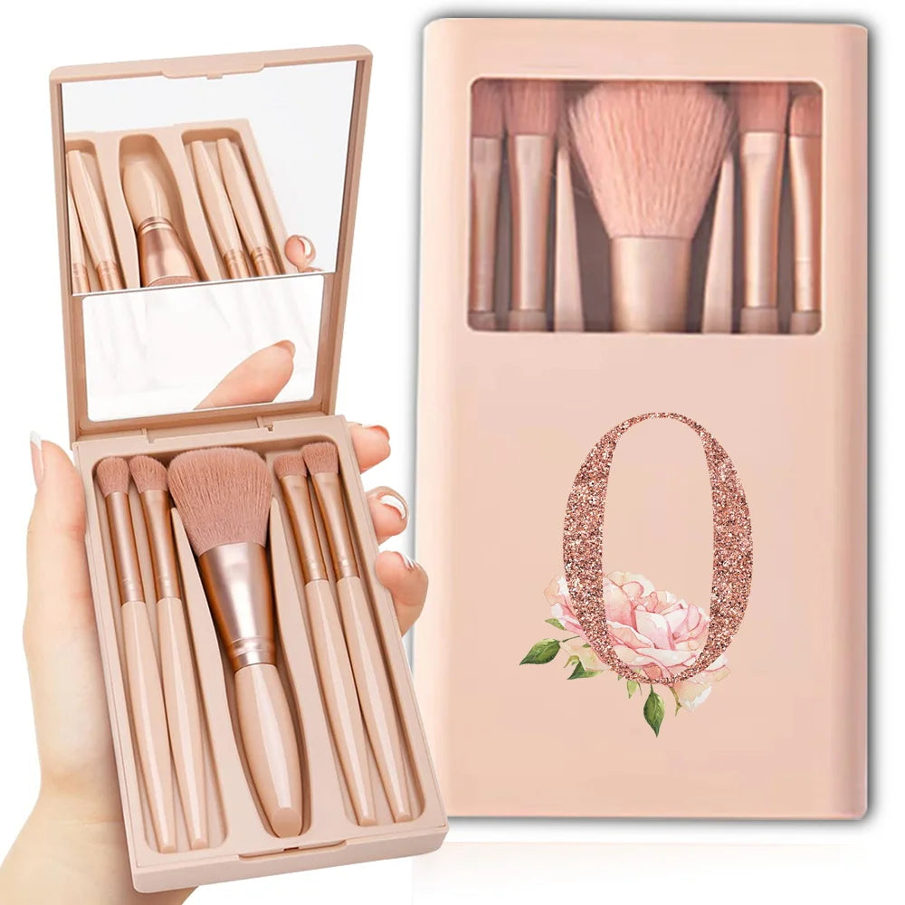 5-Piece Makeup Brush Set – Portable Cosmetic Kit with Mirror & Foldable Storage Case