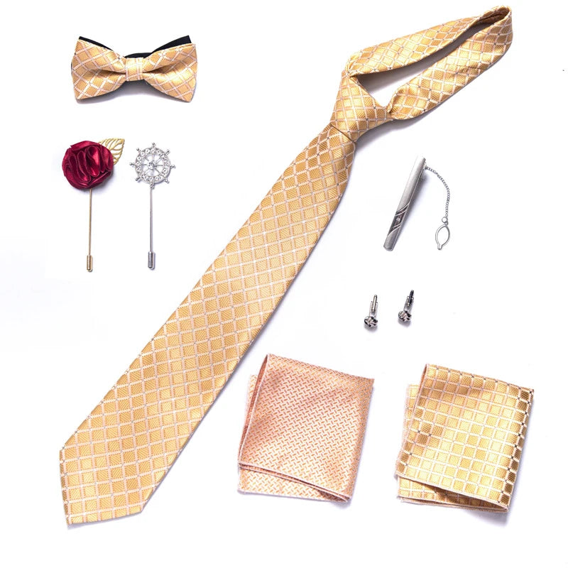 8-in-1 Luxury Silk Tie Gift Set – Necktie, Bow Tie, Pocket Squares, Cufflinks, Tie Clip & Brooches in Elegant Box