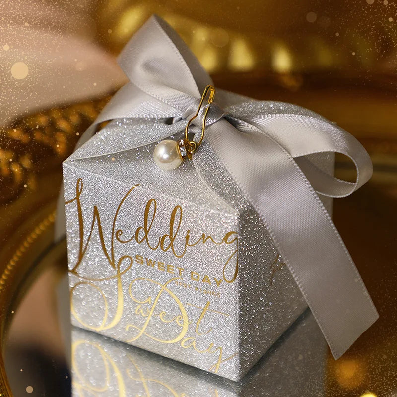 Luxury Glitter Wedding Candy Boxes with Pearl Ribbon Bow – High-End Gift & Chocolate Favor Box (20, 50pcs)