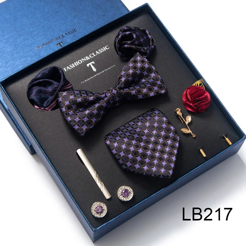 8-in-1 Luxury Silk Tie Gift Set – Necktie, Bow Tie, Pocket Squares, Cufflinks, Tie Clip & Brooches in Elegant Box
