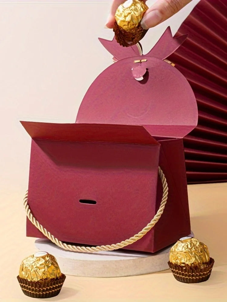 12Pcs Wine Red Handbag Candy Boxes – Elegant Wedding Favor Gift Packaging with Bow & Chinese “Double Happiness” Design