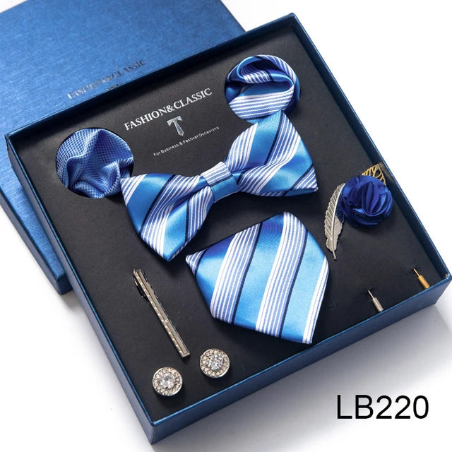 8-in-1 Luxury Silk Tie Gift Set – Necktie, Bow Tie, Pocket Squares, Cufflinks, Tie Clip & Brooches in Elegant Box