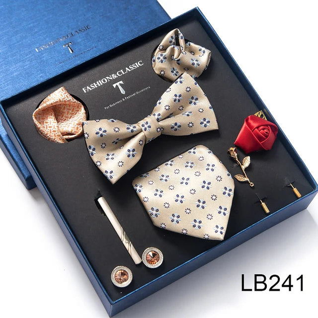 8-in-1 Luxury Silk Tie Gift Set – Necktie, Bow Tie, Pocket Squares, Cufflinks, Tie Clip & Brooches in Elegant Box