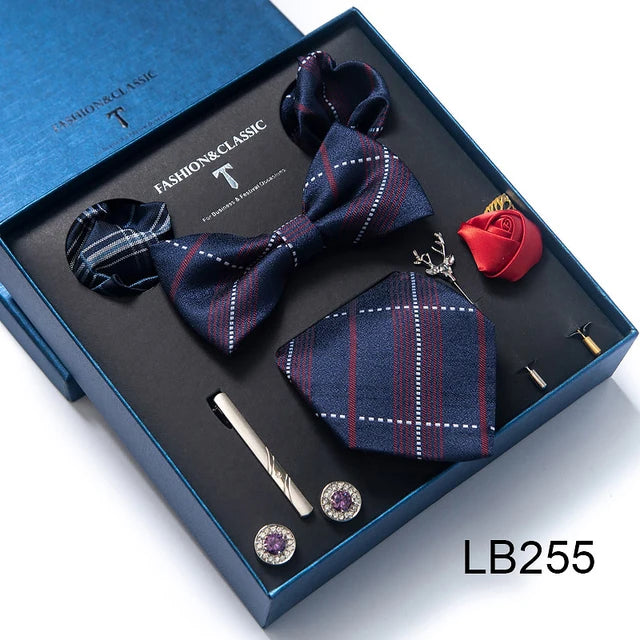 8-in-1 Luxury Silk Tie Gift Set – Necktie, Bow Tie, Pocket Squares, Cufflinks, Tie Clip & Brooches in Elegant Box