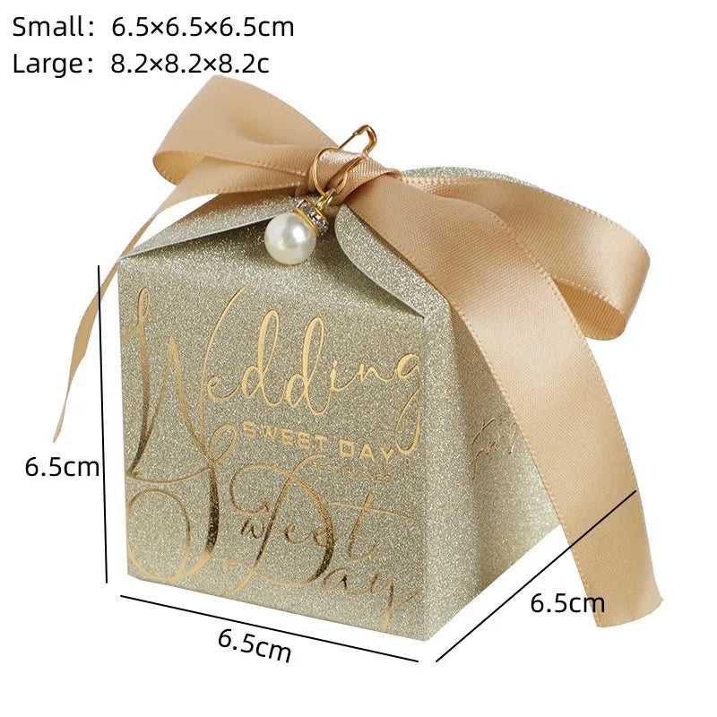 Luxury Glitter Wedding Candy Boxes with Pearl Ribbon Bow – High-End Gift & Chocolate Favor Box (20, 50pcs)