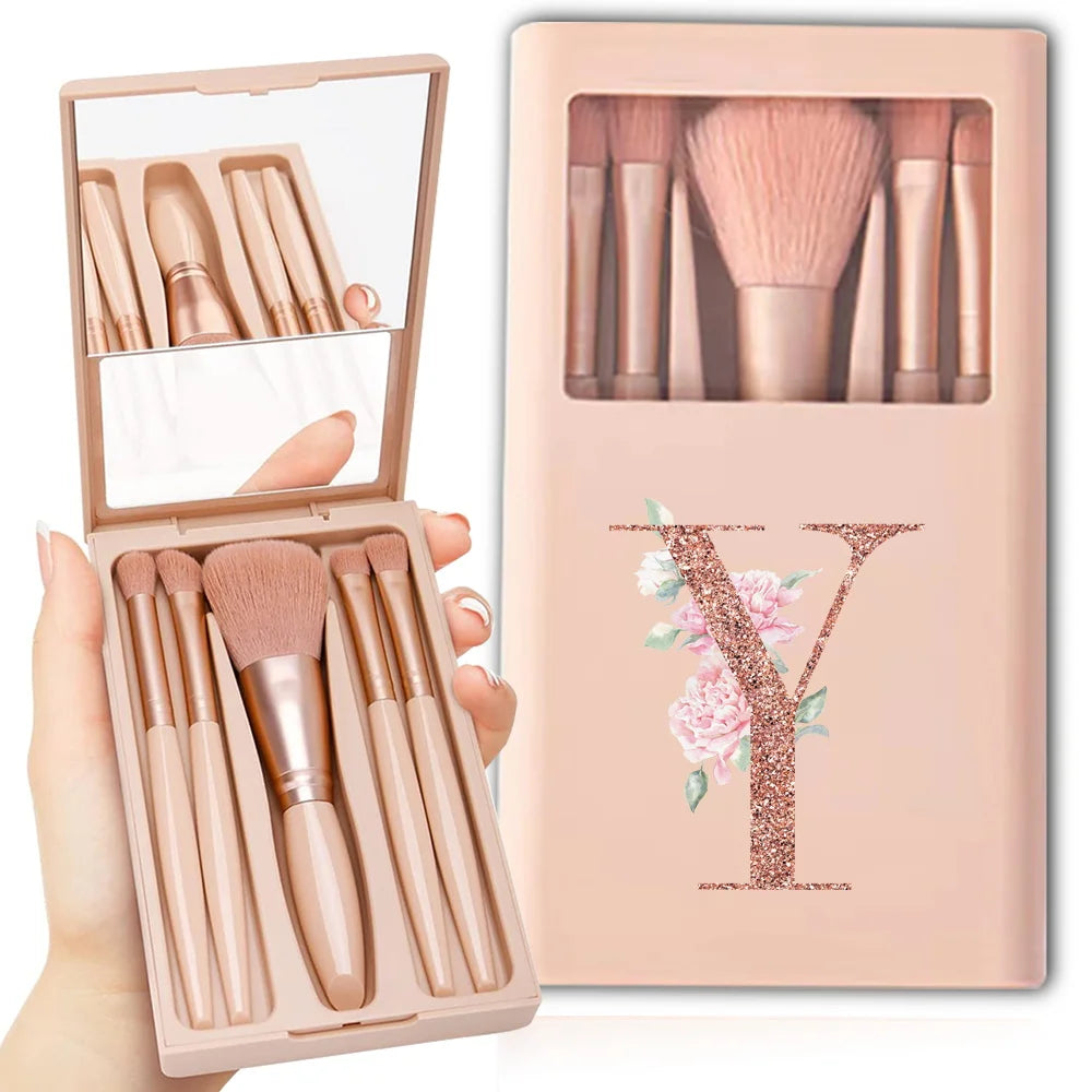 5-Piece Makeup Brush Set – Portable Cosmetic Kit with Mirror & Foldable Storage Case