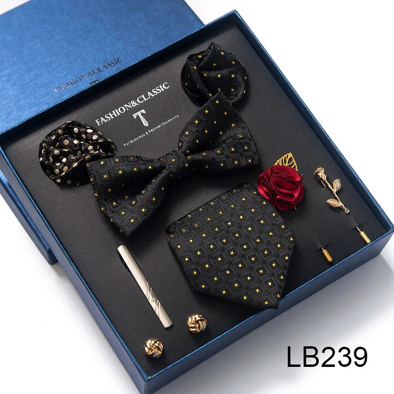 8-in-1 Luxury Silk Tie Gift Set – Necktie, Bow Tie, Pocket Squares, Cufflinks, Tie Clip & Brooches in Elegant Box
