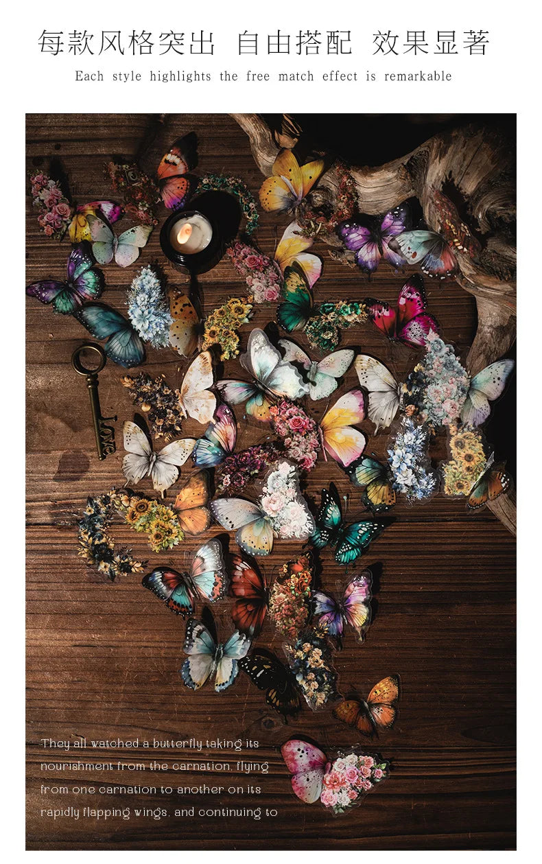 Butterfly & Moon Floral PET Stickers – Dreamy Scrapbooking & Journal Decoration Set (30 pcs)