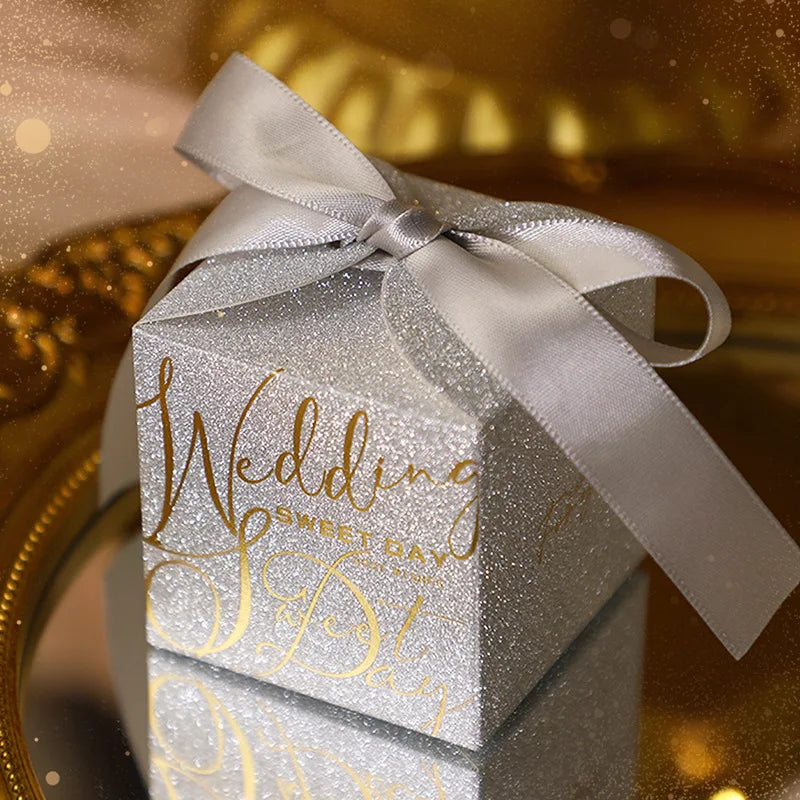Luxury Glitter Wedding Candy Boxes with Pearl Ribbon Bow – High-End Gift & Chocolate Favor Box (20, 50pcs)