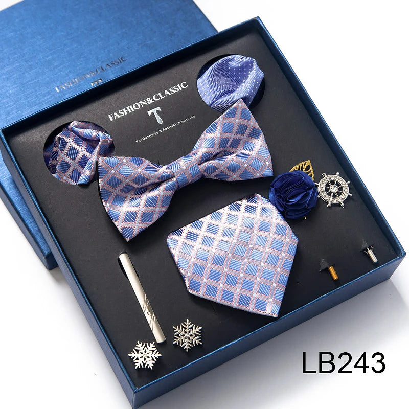 8-in-1 Luxury Silk Tie Gift Set – Necktie, Bow Tie, Pocket Squares, Cufflinks, Tie Clip & Brooches in Elegant Box