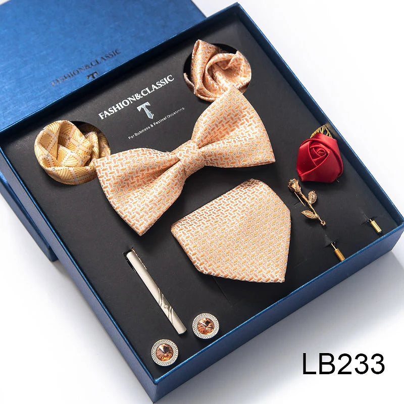 8-in-1 Luxury Silk Tie Gift Set – Necktie, Bow Tie, Pocket Squares, Cufflinks, Tie Clip & Brooches in Elegant Box