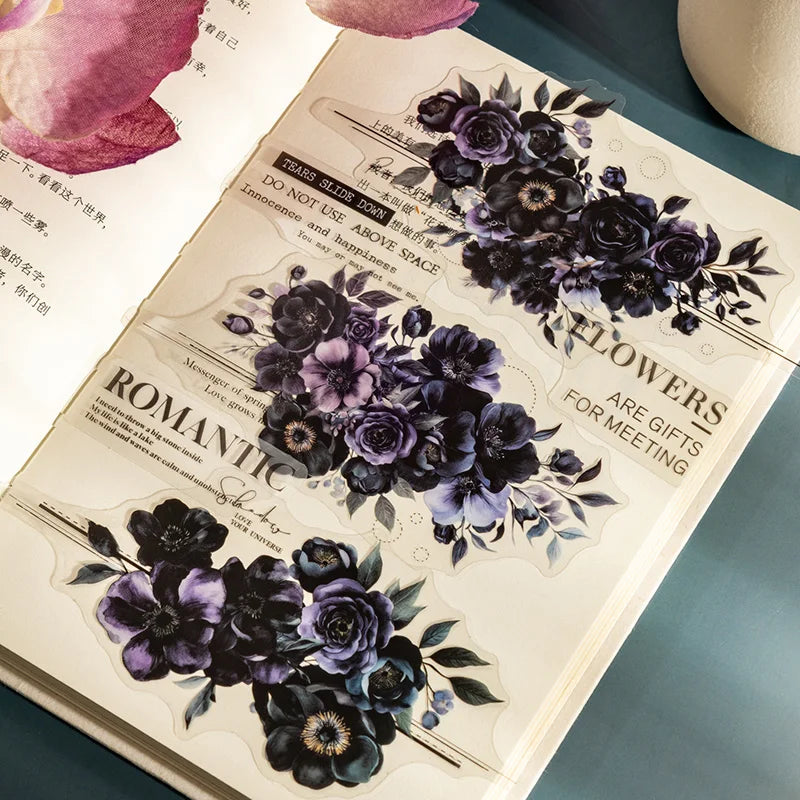 Twilight Flower PET Stickers – Elegant Floral Collage Set for Scrapbook & Journaling
