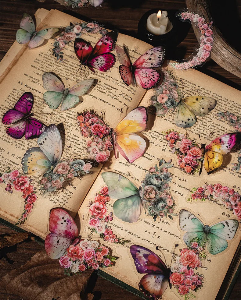 Butterfly & Moon Floral PET Stickers – Dreamy Scrapbooking & Journal Decoration Set (30 pcs)