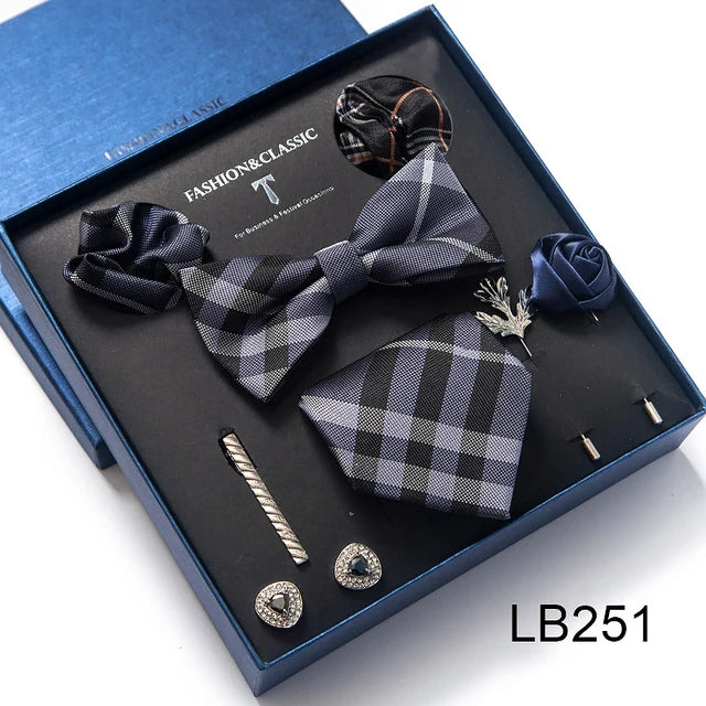 8-in-1 Luxury Silk Tie Gift Set – Necktie, Bow Tie, Pocket Squares, Cufflinks, Tie Clip & Brooches in Elegant Box