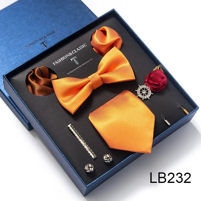 8-in-1 Luxury Silk Tie Gift Set – Necktie, Bow Tie, Pocket Squares, Cufflinks, Tie Clip & Brooches in Elegant Box