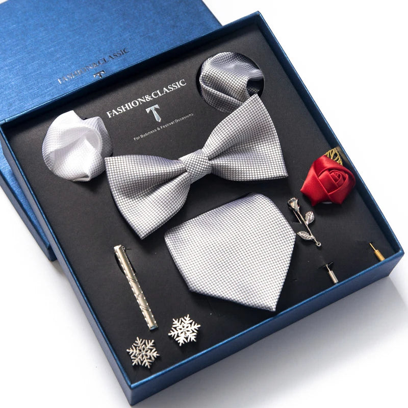 8-in-1 Luxury Silk Tie Gift Set – Necktie, Bow Tie, Pocket Squares, Cufflinks, Tie Clip & Brooches in Elegant Box