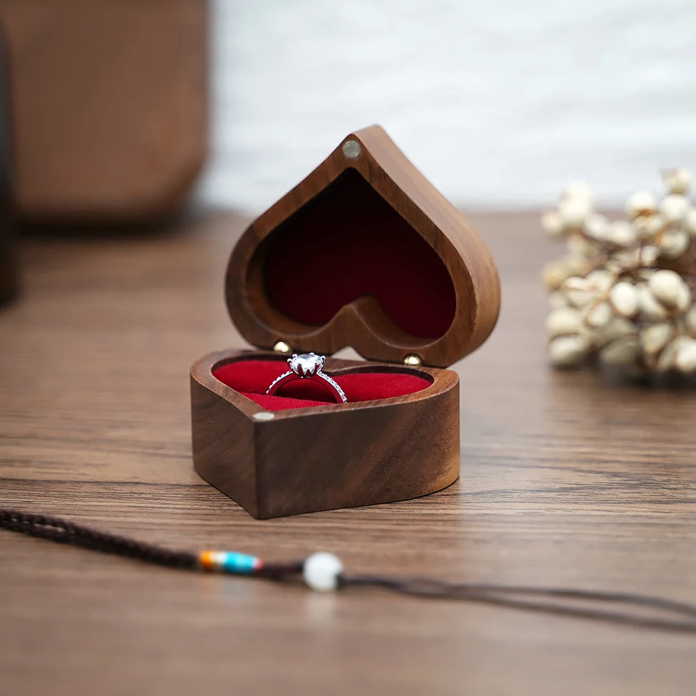 Engraved Heart-Shaped Wooden Ring Box – Personalized Wedding & Proposal