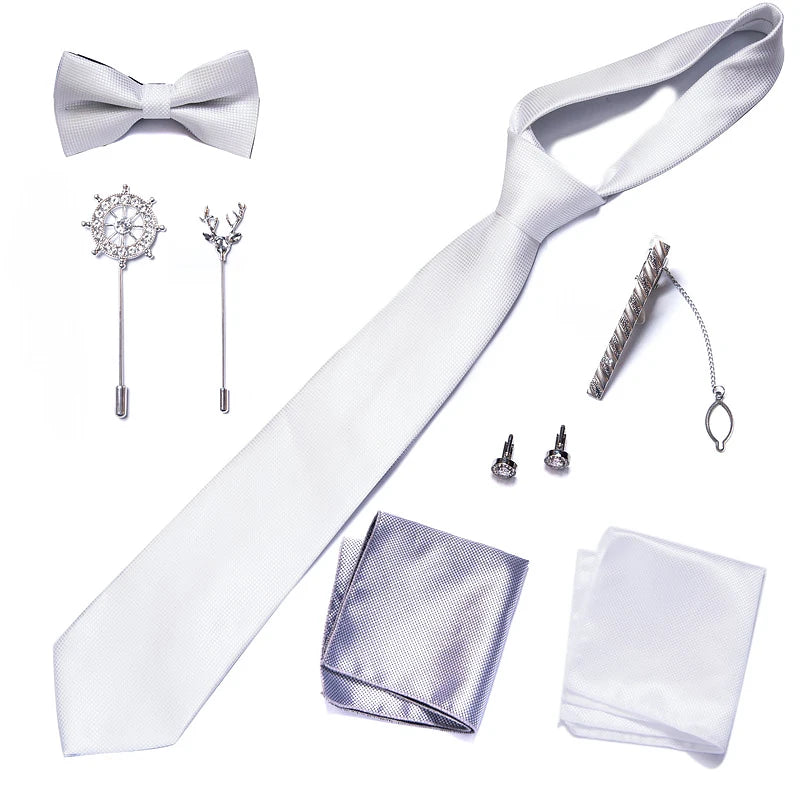 8-in-1 Luxury Silk Tie Gift Set – Necktie, Bow Tie, Pocket Squares, Cufflinks, Tie Clip & Brooches in Elegant Box