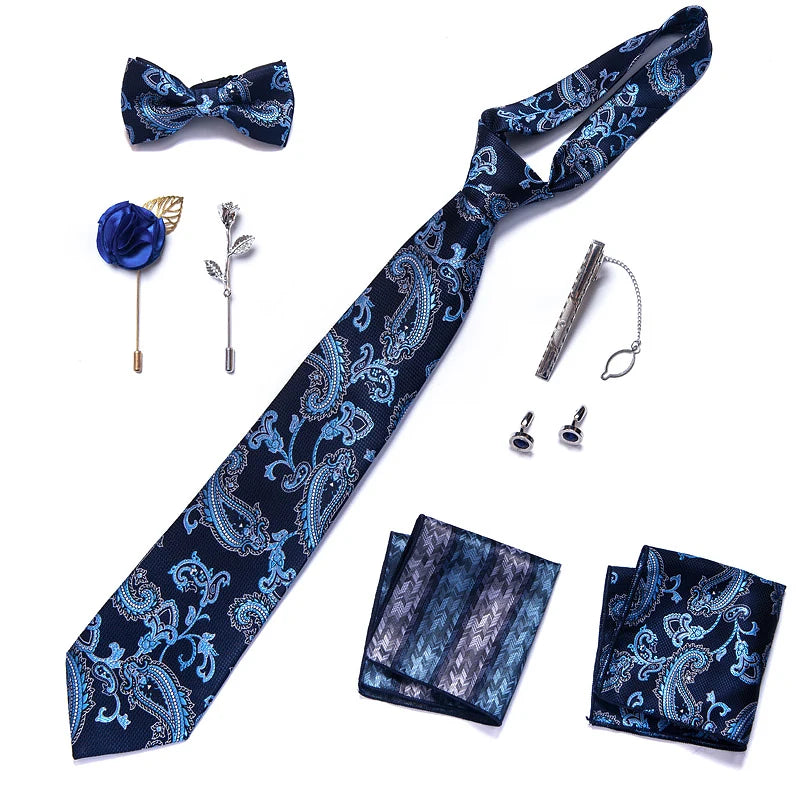 8-in-1 Luxury Silk Tie Gift Set – Necktie, Bow Tie, Pocket Squares, Cufflinks, Tie Clip & Brooches in Elegant Box
