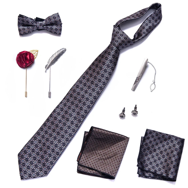 8-in-1 Luxury Silk Tie Gift Set – Necktie, Bow Tie, Pocket Squares, Cufflinks, Tie Clip & Brooches in Elegant Box